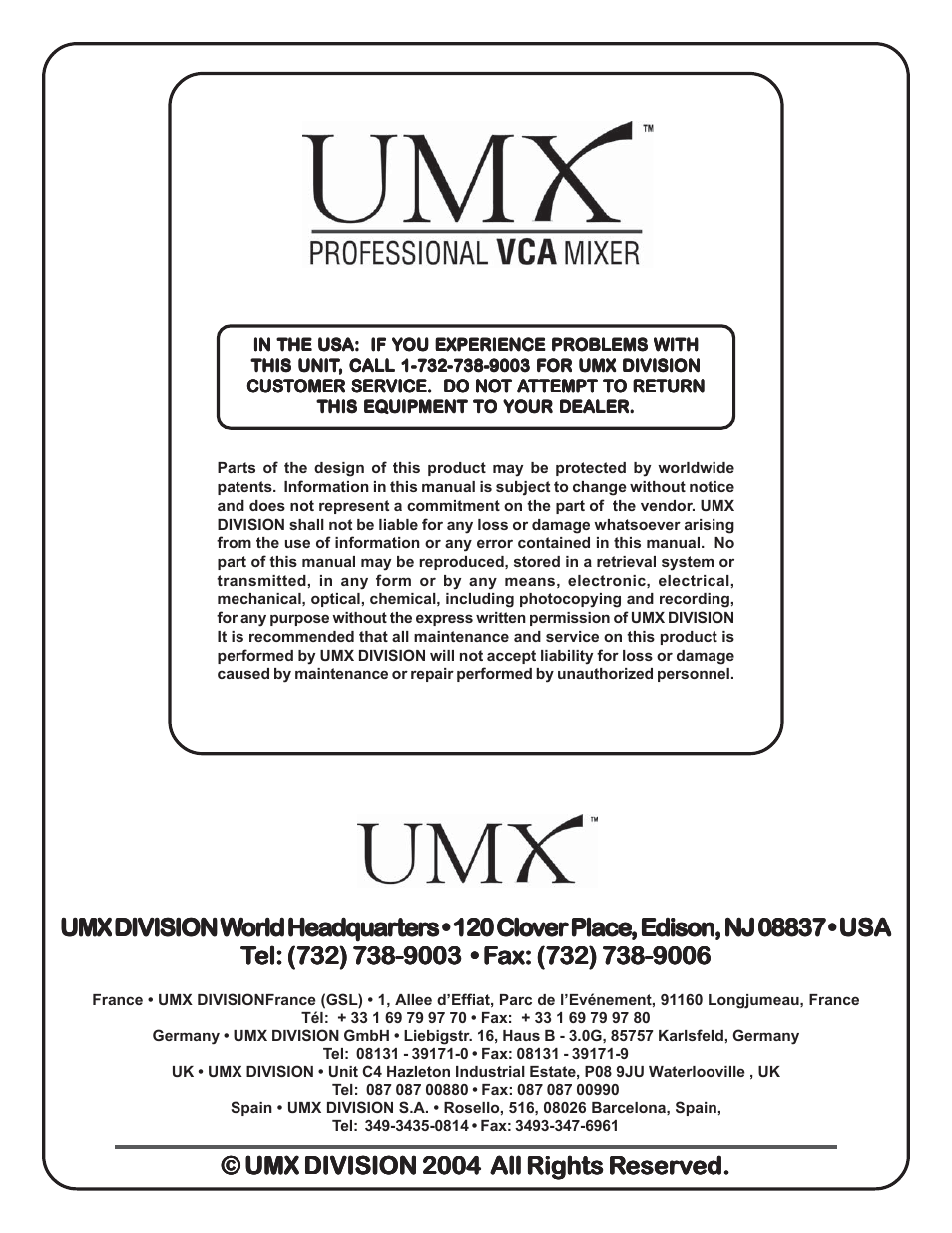 Umx division w, Umx division 2004 all rights r | Gemini UMX-SE User Manual | Page 12 / 12