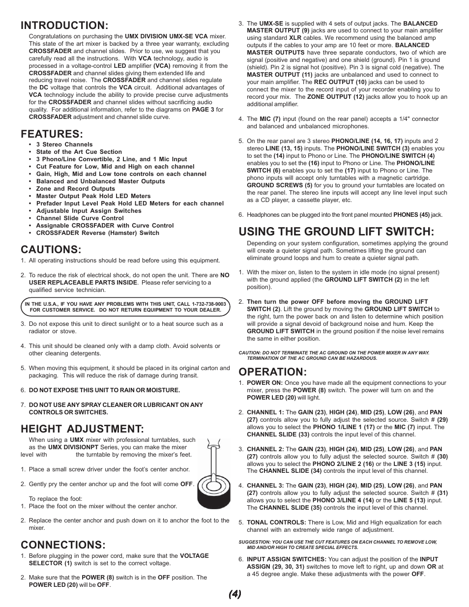 Using the ground lift switch, Introduction, Features | Cautions, Height adjustment, Connections, Operation | Gemini UMX-SE User Manual | Page 4 / 12