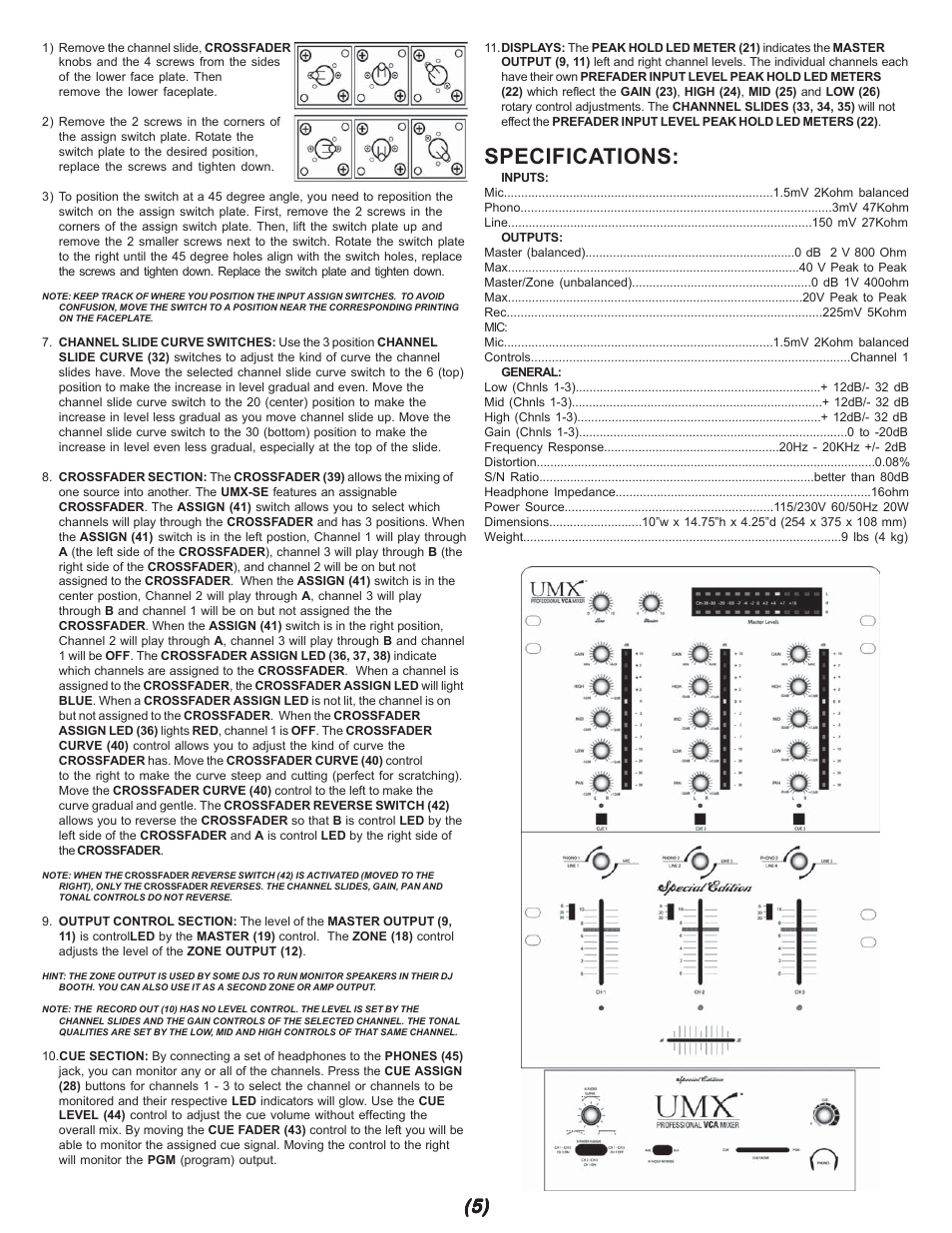 Specifications | Gemini UMX-SE User Manual | Page 5 / 12