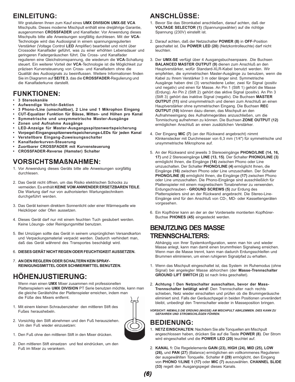 Höhenjustierung, Anschlüsse, Benutzung des masse trennschalters | Bedienung, Einleitung, Funktionen, Vorsichtsmaßnahmen | Gemini UMX-SE User Manual | Page 6 / 12