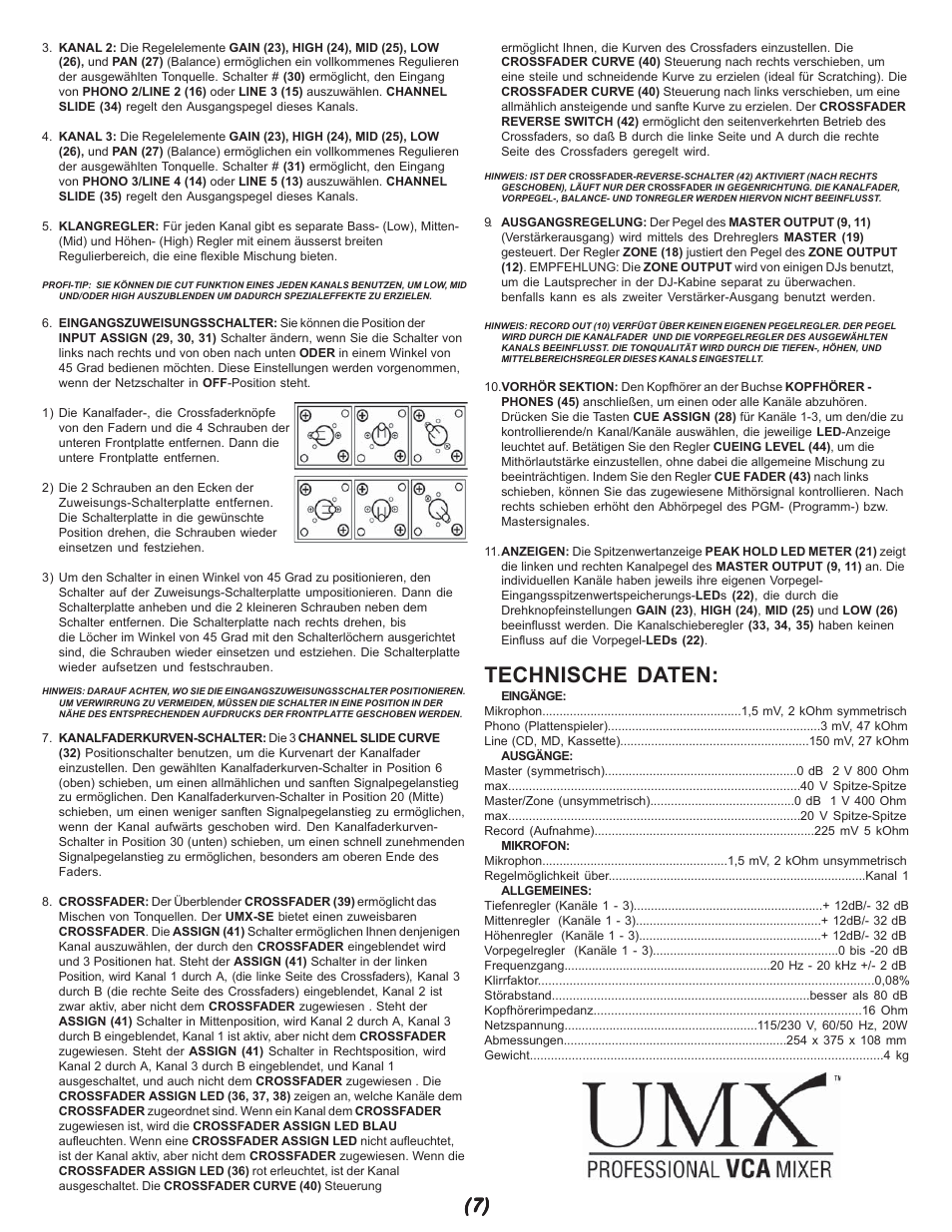 Technische daten | Gemini UMX-SE User Manual | Page 7 / 12