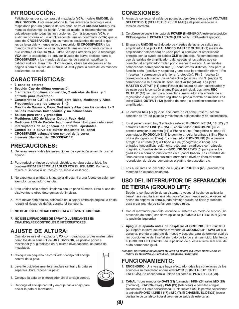 Introducción, Características, Precauciones | Ajuste de altura, Conexiones, Funcionamiento | Gemini UMX-SE User Manual | Page 8 / 12
