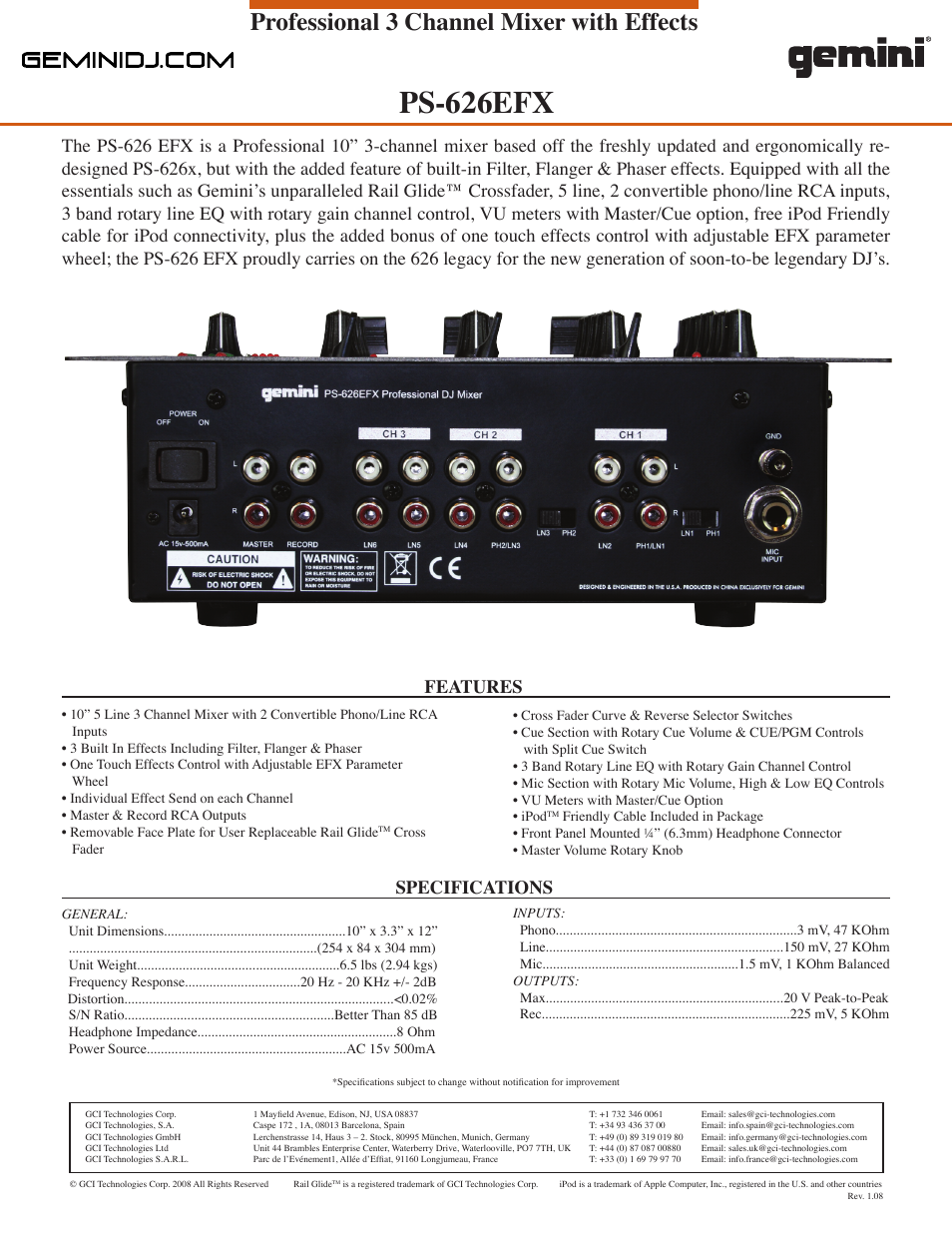 Ps-626efx, Professional 3 channel mixer with effects, Features specifications | Gemini PS-626EFX User Manual | Page 2 / 2
