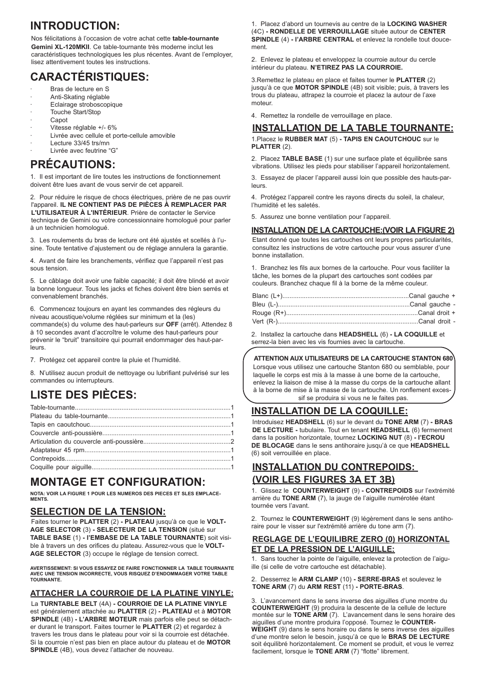 Introduction, Caractéristiques, Précautions | Liste des pièces, Montage et configuration, Selection de la tension, Installation de la table tournante, Installation de la coquille | Gemini XL-120MKII User Manual | Page 11 / 16