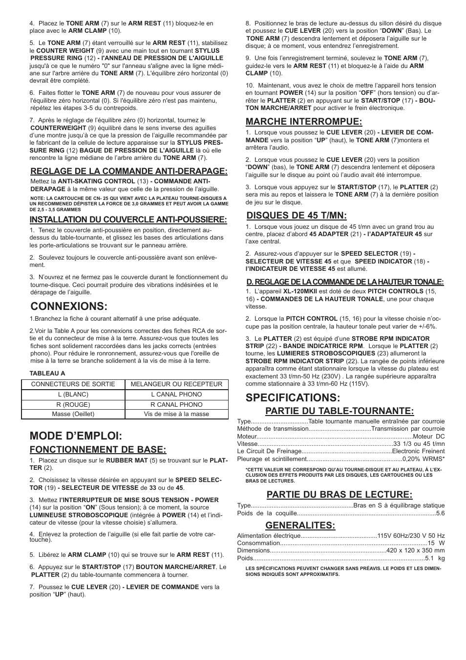 Connexions, Mode d’emploi, Specifications | Fonctionnement de base, Marche interrompue, Disques de 45 t/mn, Partie du table-tournante, Partie du bras de lecture, Generalites, Reglage de la commande anti-derapage | Gemini XL-120MKII User Manual | Page 12 / 16