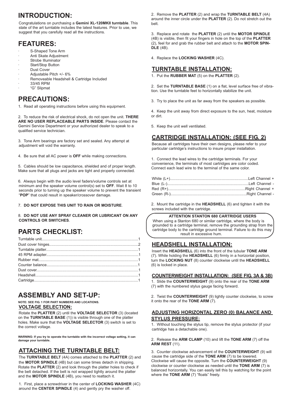 Introduction, Features, Precautions | Parts checklist, Assembly and set-up, Attaching the turntable belt, Turntable installation, Cartridge installation: (see fig. 2), Headshell installation | Gemini XL-120MKII User Manual | Page 5 / 16