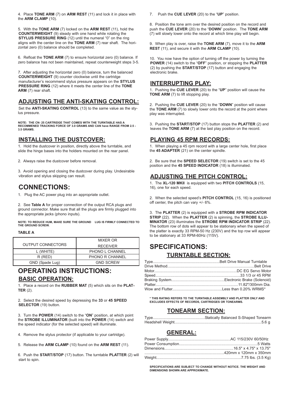 Connections, Operating instructions, Specifications | Adjusting the anti-skating control, Installing the dustcover, Basic operation, Interrupting play, Playing 45 rpm records, Adjusting the pitch control, General | Gemini XL-120MKII User Manual | Page 6 / 16