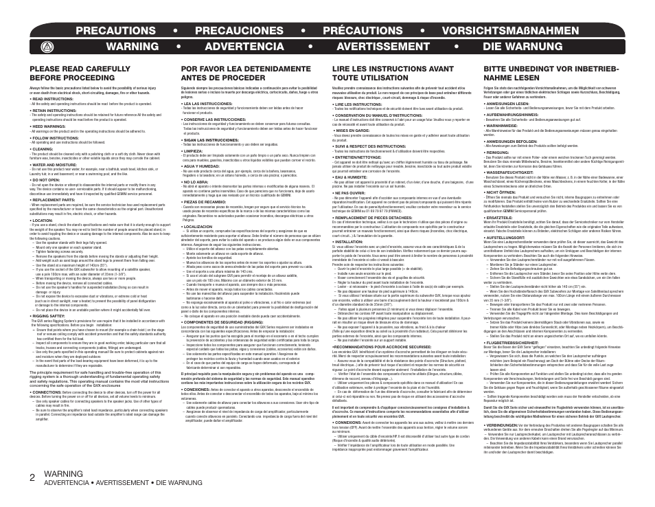 Warning, Please read carefully before proceeding, Por favor lea detenidamente antes de proceder | Lire les instructions avant toute utilisation, Bitte unbedingt vor inbetrieb- nahme lesen | Gemini RS-SERIES LOUDSPEAKERS RS-312 User Manual | Page 2 / 7