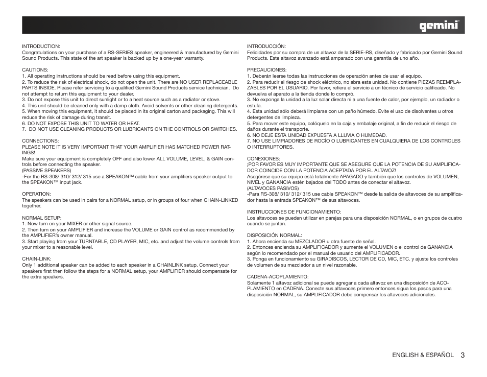 Gemini RS-SERIES LOUDSPEAKERS RS-312 User Manual | Page 3 / 7