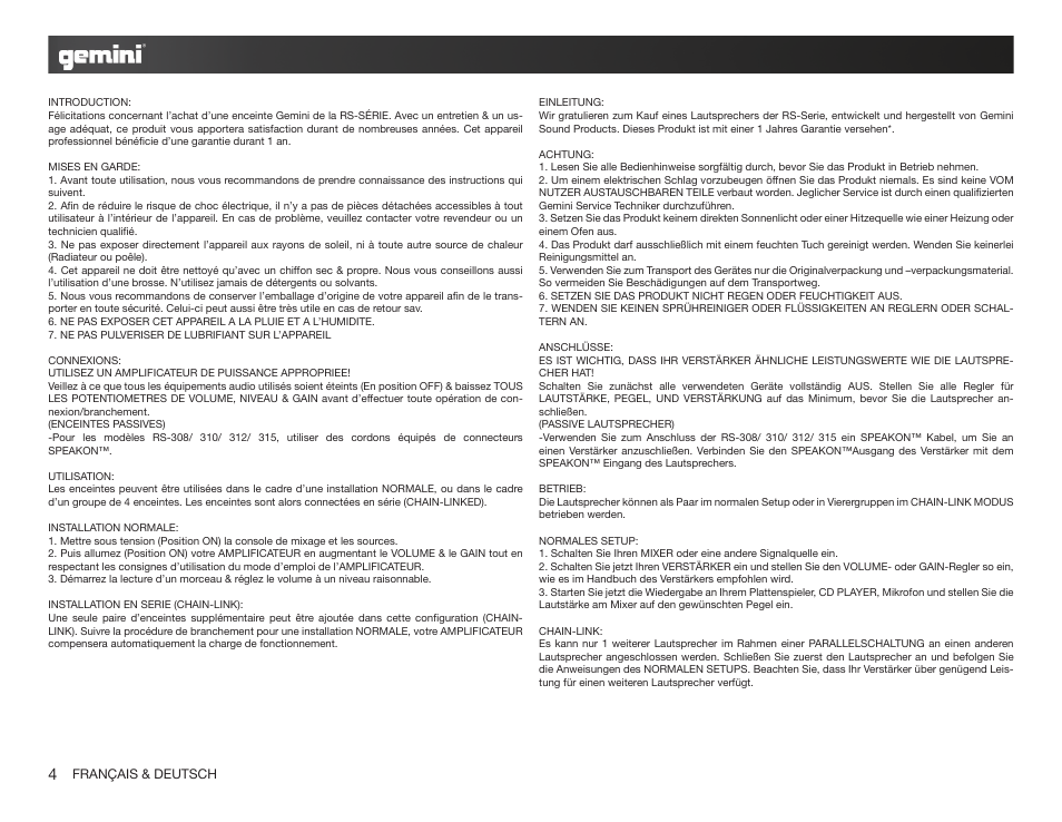 Gemini RS-SERIES LOUDSPEAKERS RS-312 User Manual | Page 4 / 7