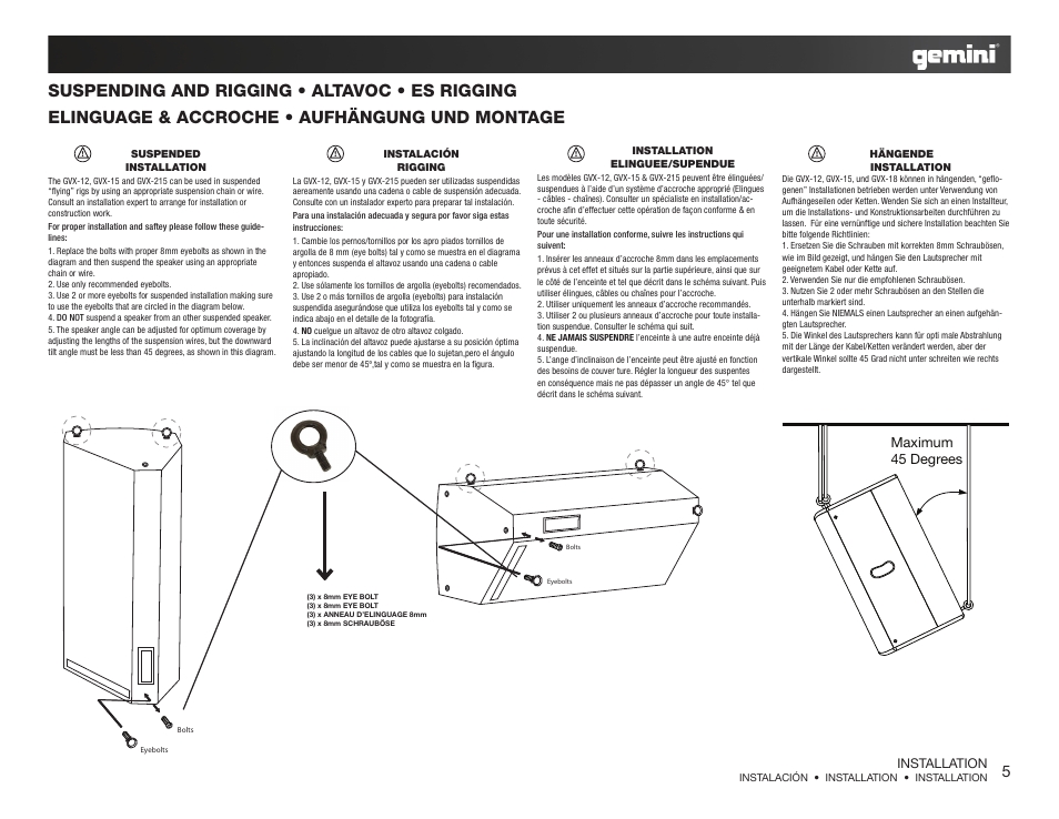 Maximum 45 degrees, Installation | Gemini RS-SERIES LOUDSPEAKERS RS-312 User Manual | Page 5 / 7