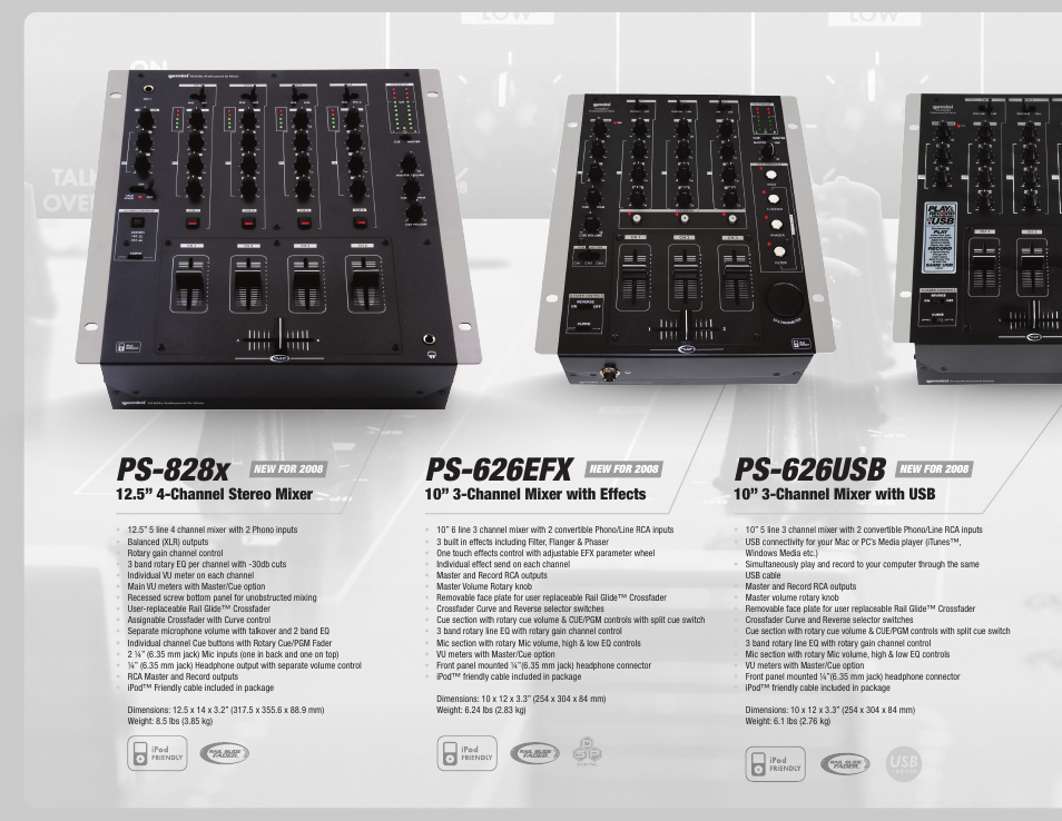 Ps-626efx, Ps-626usb, Ps-828x | 10” 3-channel mixer with effects, 10” 3-channel mixer with usb, 5” 4-channel stereo mixer | Gemini Dual CD Mixing Console 36 User Manual | Page 10 / 36