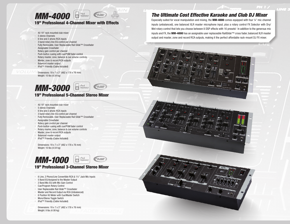 Mm-3000, Mm-4000, Mm-1000 | 19” professional 5-channel stereo mixer, 19” professional 4-channel mixer with effects, 19” professional 3-channel stereo mixer | Gemini Dual CD Mixing Console 36 User Manual | Page 12 / 36