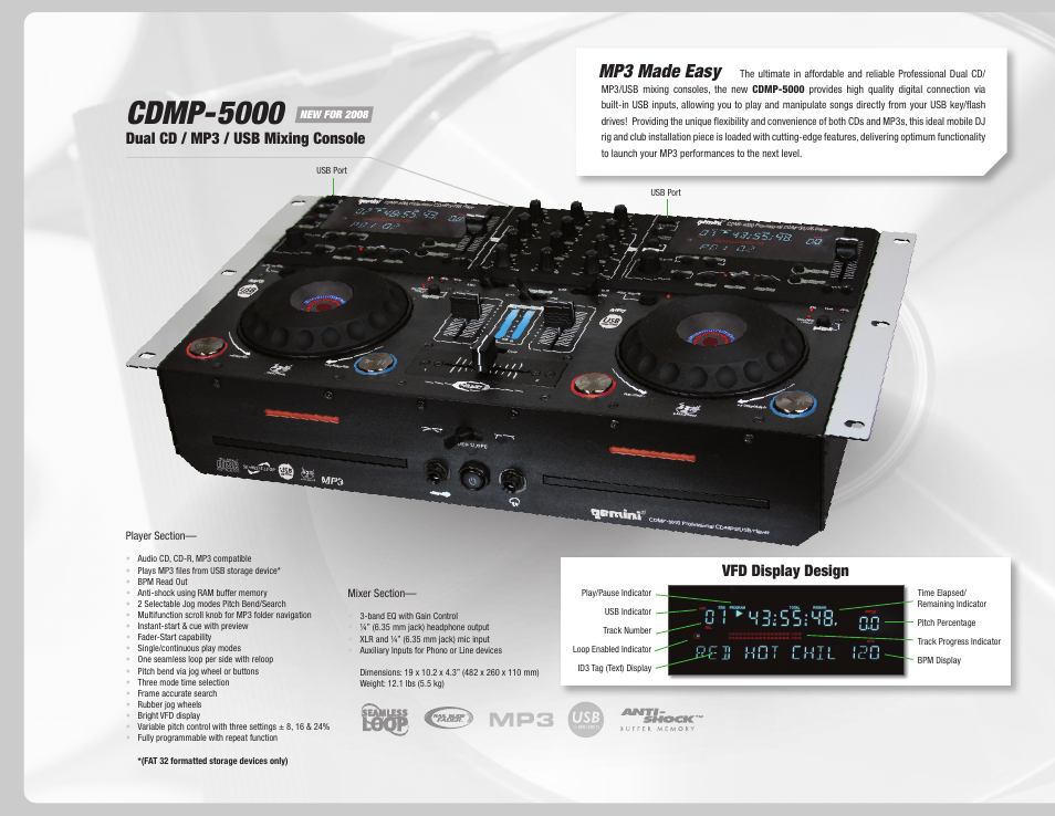 Cdmp-5000, Mp3 made easy, Vfd display design | Dual cd / mp3 / usb mixing console | Gemini Dual CD Mixing Console 36 User Manual | Page 14 / 36