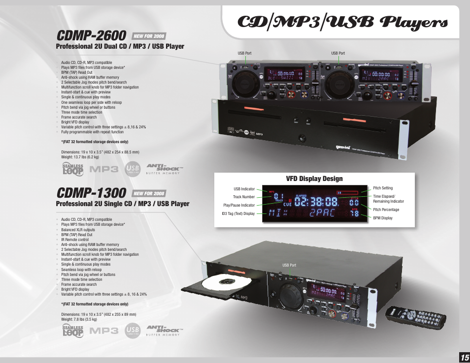 Cd/mp3/usb players, Cdmp-2600, Cdmp-1300 | Professional 2u dual cd / mp3 / usb player, Professional 2u single cd / mp3 / usb player, Vfd display design | Gemini Dual CD Mixing Console 36 User Manual | Page 15 / 36