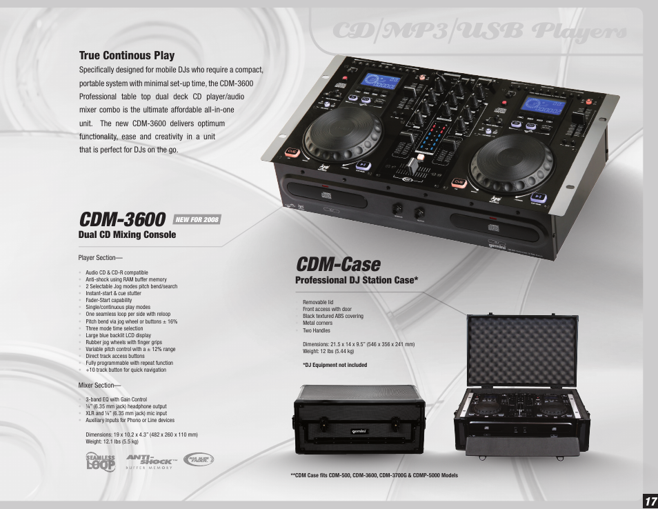 Cd/mp3/usb players, Cdm-3600, Cdm-case | True continous play, Dual cd mixing console, Professional dj station case | Gemini Dual CD Mixing Console 36 User Manual | Page 17 / 36