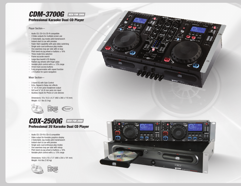 Cdm-3700g, Cdx-2500g, Professional karaoke dual cd player | Professional 2u karaoke dual cd player | Gemini Dual CD Mixing Console 36 User Manual | Page 18 / 36