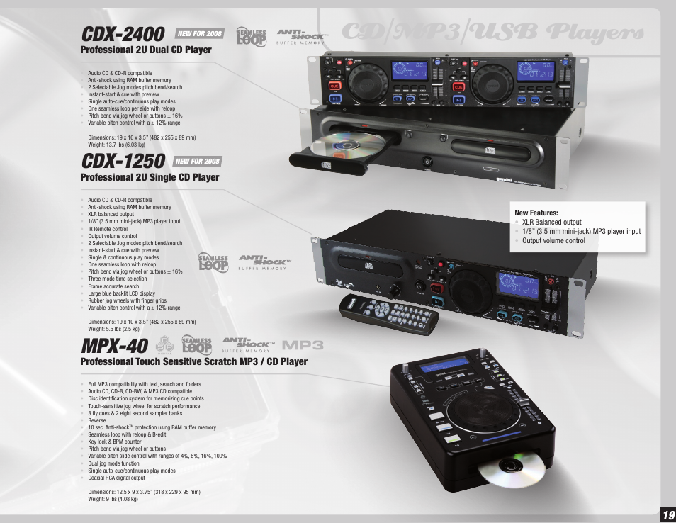 Cd/mp3/usb players, Cdx-2400, Cdx-1250 | Mpx-40, Professional 2u dual cd player, Professional 2u single cd player | Gemini Dual CD Mixing Console 36 User Manual | Page 19 / 36