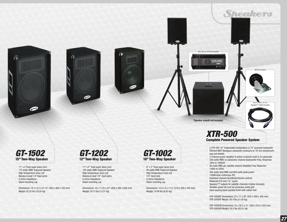 Speakers, Gt-1502, Gt-1202 | Xtr-500, Gt-1002 | Gemini Dual CD Mixing Console 36 User Manual | Page 27 / 36