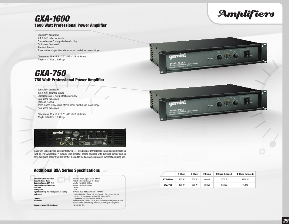 Amplifiers, Gxa-1600, Gxa-750 | 1600 watt professional power amplifier, 750 watt professional power amplifier, Additional gxa series specifications | Gemini Dual CD Mixing Console 36 User Manual | Page 29 / 36