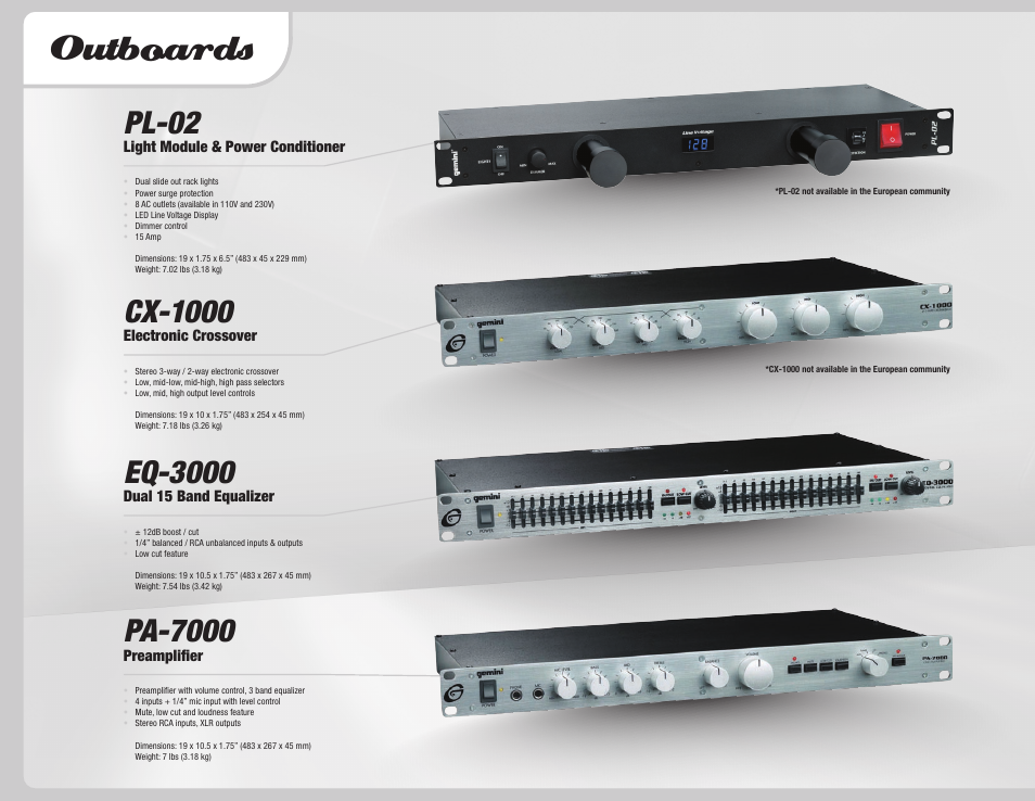 Outboards, Pl-02, Cx-1000 | Eq-3000, Pa-7000, Light module & power conditioner, Electronic crossover, Dual 15 band equalizer, Preamplifier | Gemini Dual CD Mixing Console 36 User Manual | Page 30 / 36