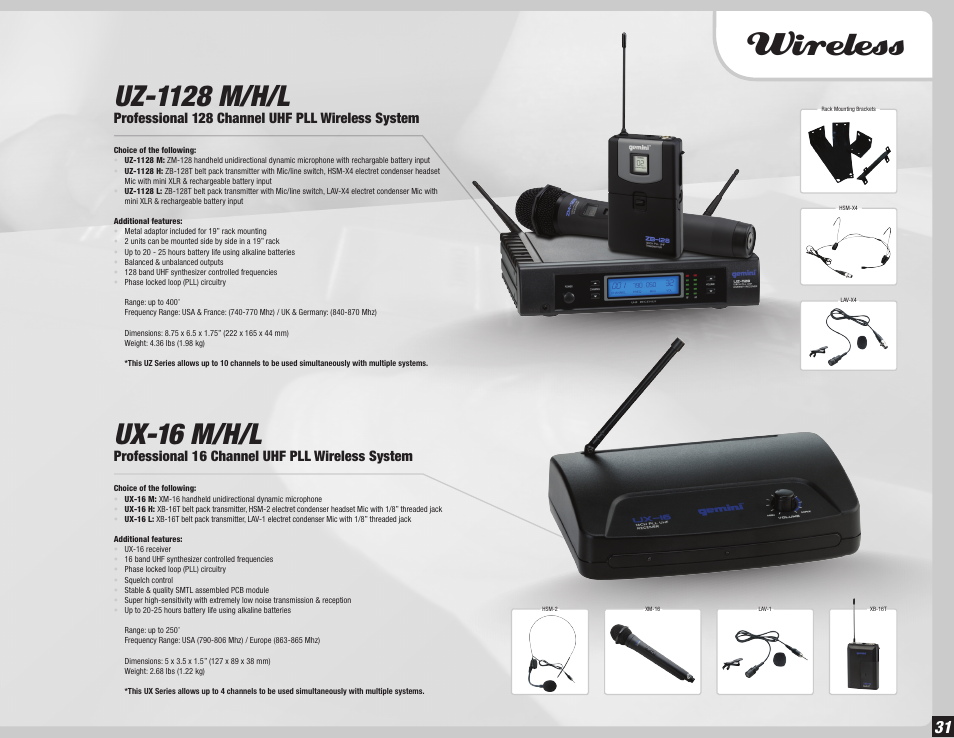 Wireless, Uz-1128 m/h/l, Ux-16 m/h/l | Professional 128 channel uhf pll wireless system, Professional 16 channel uhf pll wireless system | Gemini Dual CD Mixing Console 36 User Manual | Page 31 / 36