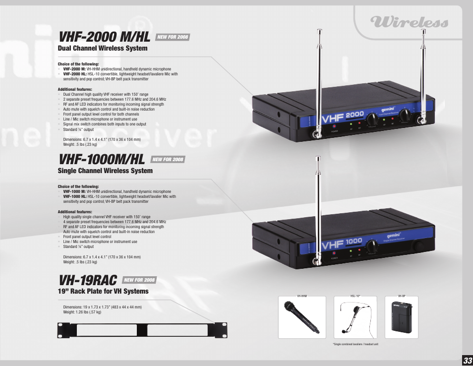 Wireless, Vh-19rac, Vhf-2000 m/hl | Vhf-1000m/hl, 19” rack plate for vh systems, Dual channel wireless system, Single channel wireless system | Gemini Dual CD Mixing Console 36 User Manual | Page 33 / 36