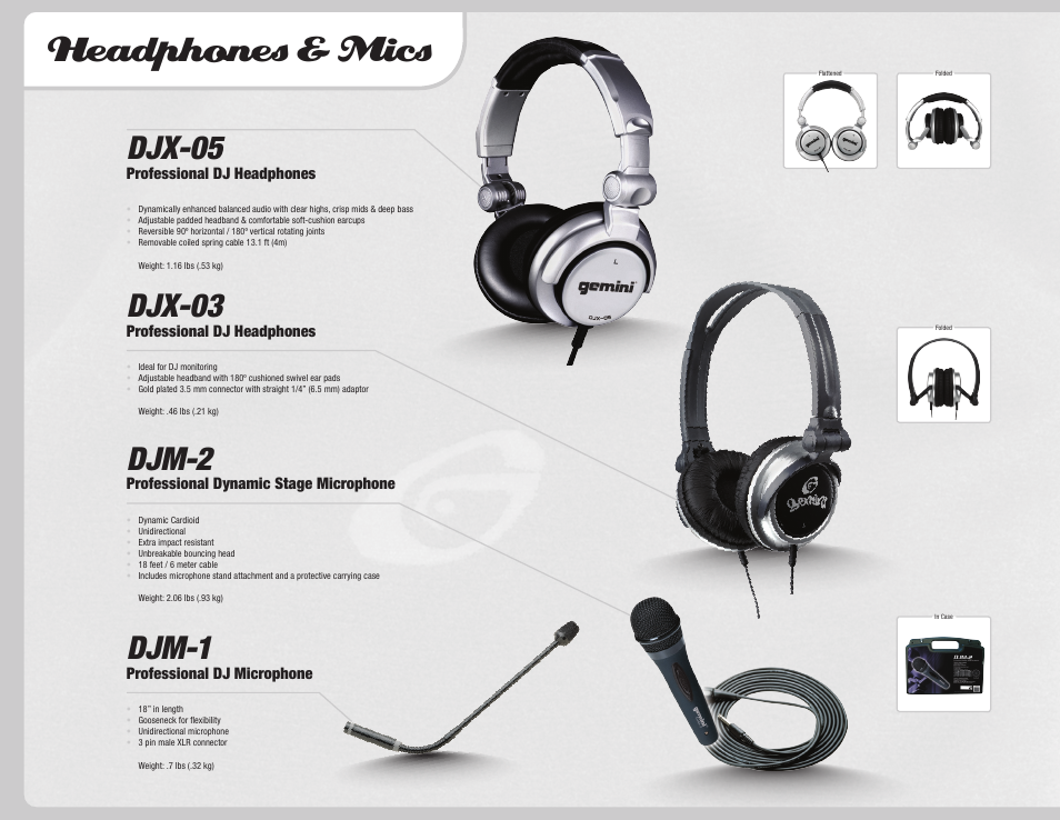 Headphones & mics, Djx-05, Djx-03 | Djm-2, Djm-1, Professional dj headphones, Professional dynamic stage microphone, Professional dj microphone | Gemini Dual CD Mixing Console 36 User Manual | Page 34 / 36