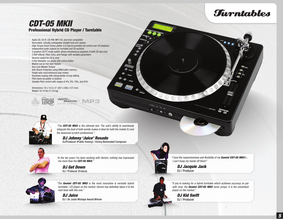 Turntables, Cdt-05 mkii, Professional hybrid cd player / turntable | Dj get down, Dj johnny ‘juice’ rosado, Dj juice, Dj kid swift, Dj jacquie jack | Gemini Dual CD Mixing Console 36 User Manual | Page 5 / 36