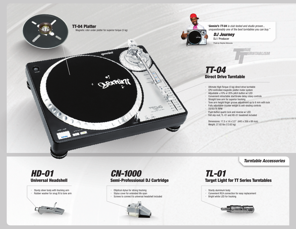 Tt-04, Hd-01, Cn-1000 | Tl-01, Turntable accessories, Direct drive turntable, Universal headshell, Semi-professional dj cartridge, Target light for tt series turntables, Dj journey | Gemini Dual CD Mixing Console 36 User Manual | Page 6 / 36