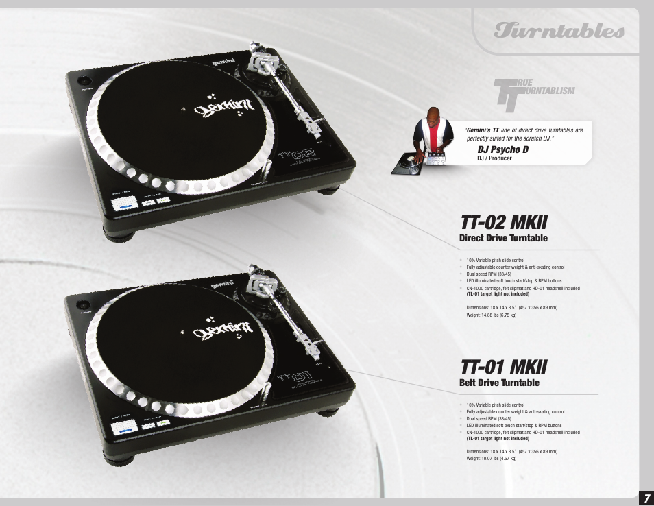 Turntables, Tt-02 mkii, Tt-01 mkii | Direct drive turntable, Belt drive turntable, Dj psycho d | Gemini Dual CD Mixing Console 36 User Manual | Page 7 / 36