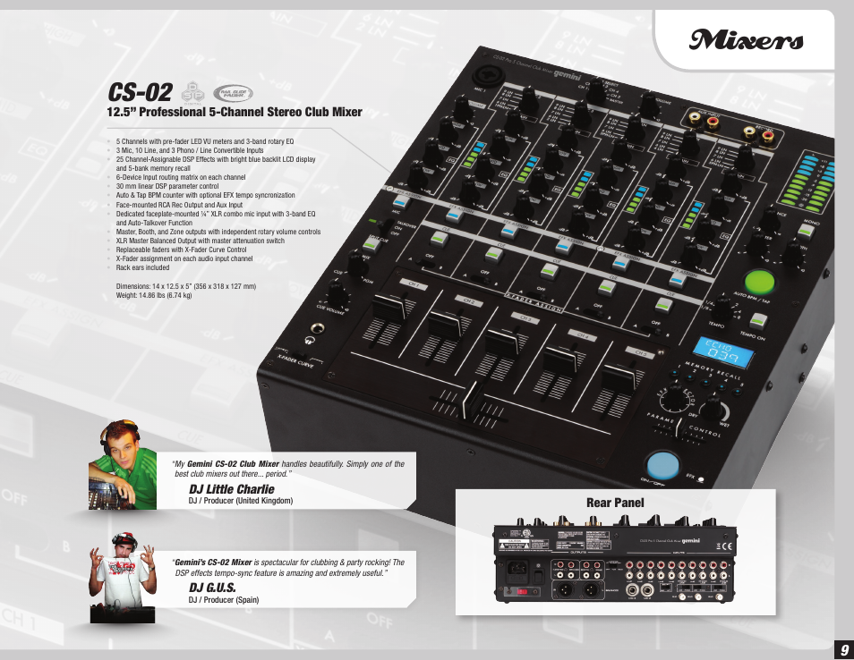 Mixers, Cs-02, 5” professional 5-channel stereo club mixer | Rear panel, Dj g.u.s, Dj little charlie | Gemini Dual CD Mixing Console 36 User Manual | Page 9 / 36