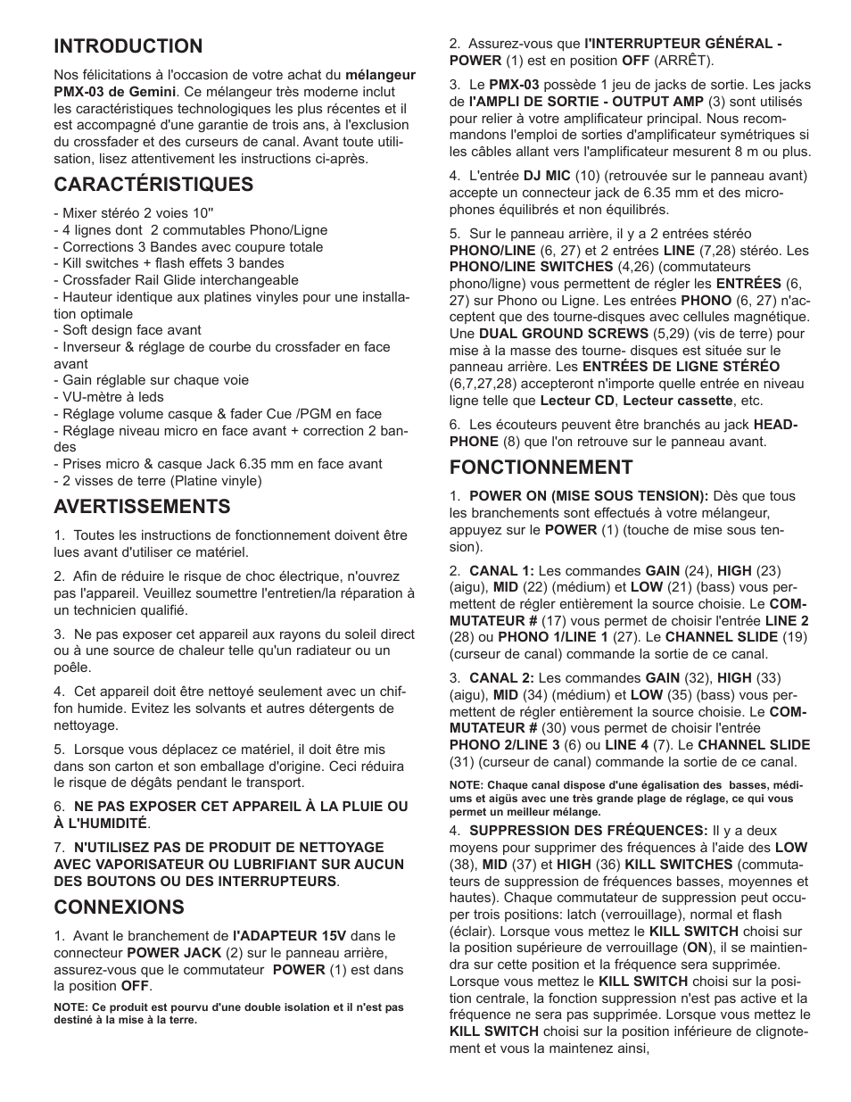 Introduction, Caractéristiques, Avertissements | Connexions, Fonctionnement | Gemini PMX-03 User Manual | Page 10 / 12