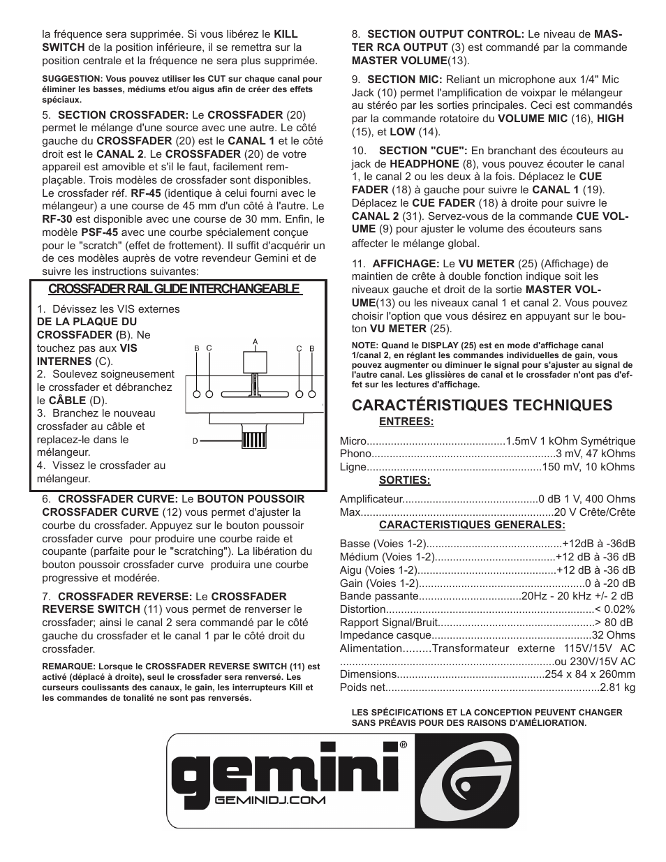 Caractéristiques techniques | Gemini PMX-03 User Manual | Page 11 / 12