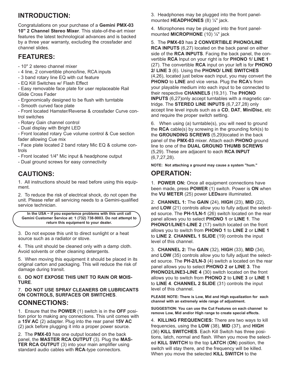 Introduction, Features, Cautions | Connections, Operation | Gemini PMX-03 User Manual | Page 4 / 12