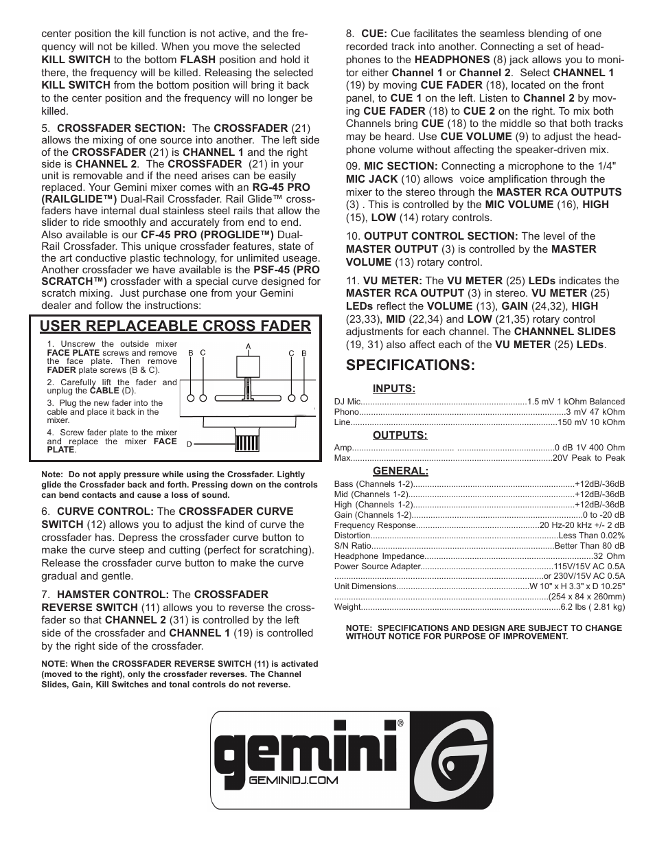 Specifications, User replaceable cross fader | Gemini PMX-03 User Manual | Page 5 / 12