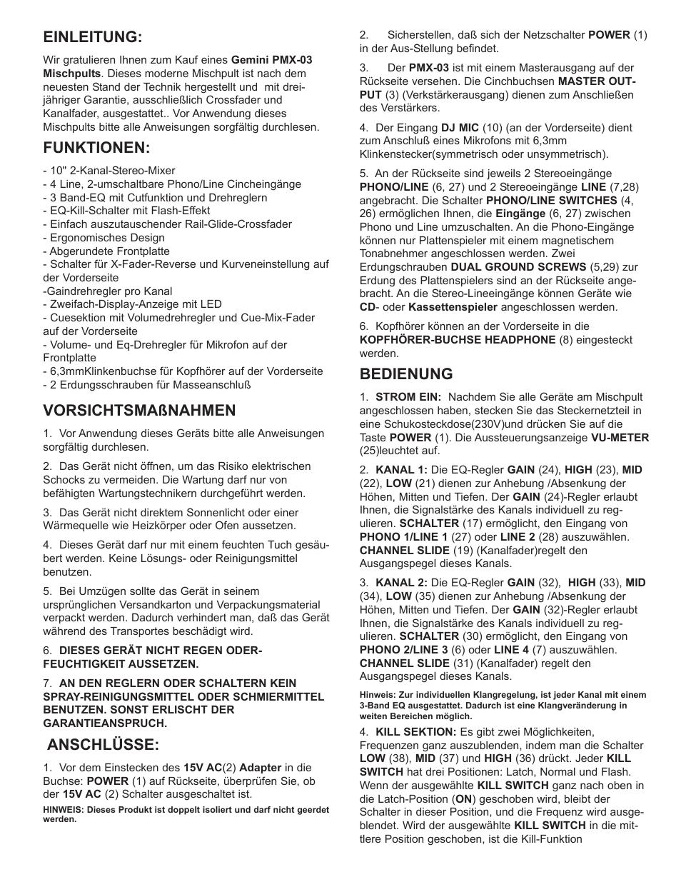 Einleitung, Funktionen, Vorsichtsmaßnahmen | Anschlüsse, Bedienung | Gemini PMX-03 User Manual | Page 6 / 12