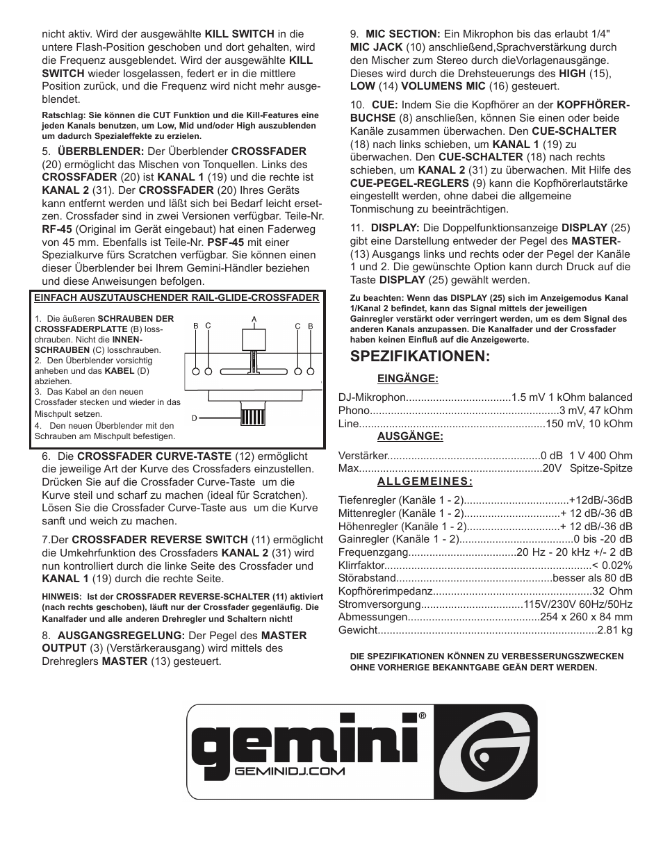 Spezifikationen | Gemini PMX-03 User Manual | Page 7 / 12