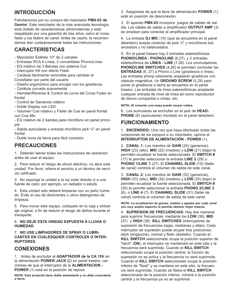 Introducción, Características, Precauciones | Conexiones, Funcionamiento | Gemini PMX-03 User Manual | Page 8 / 12