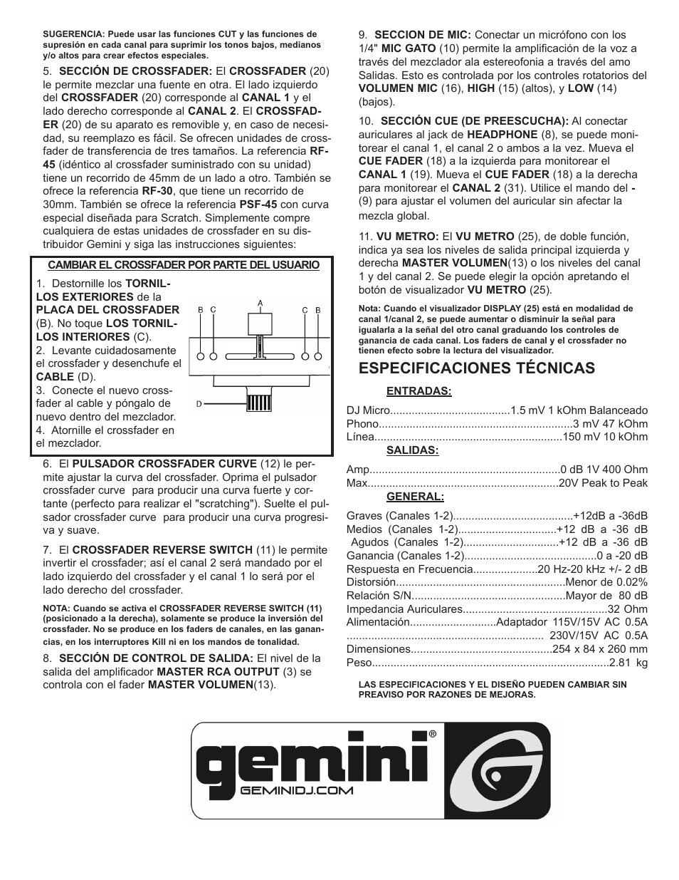 Especificaciones técnicas | Gemini PMX-03 User Manual | Page 9 / 12