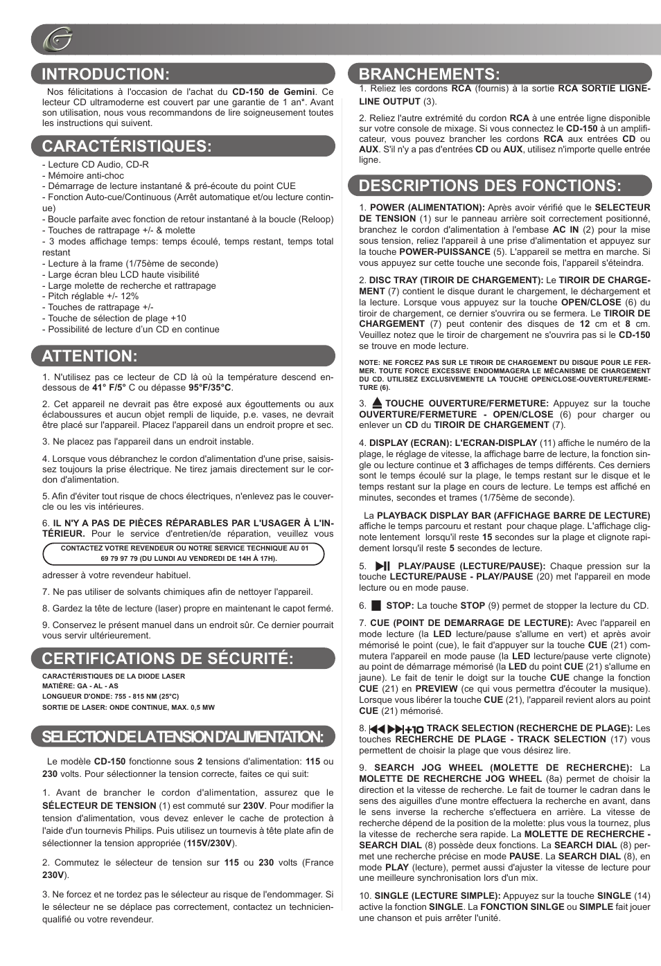 Branchements: descriptions des fonctions | Gemini CD-150 User Manual | Page 10 / 12