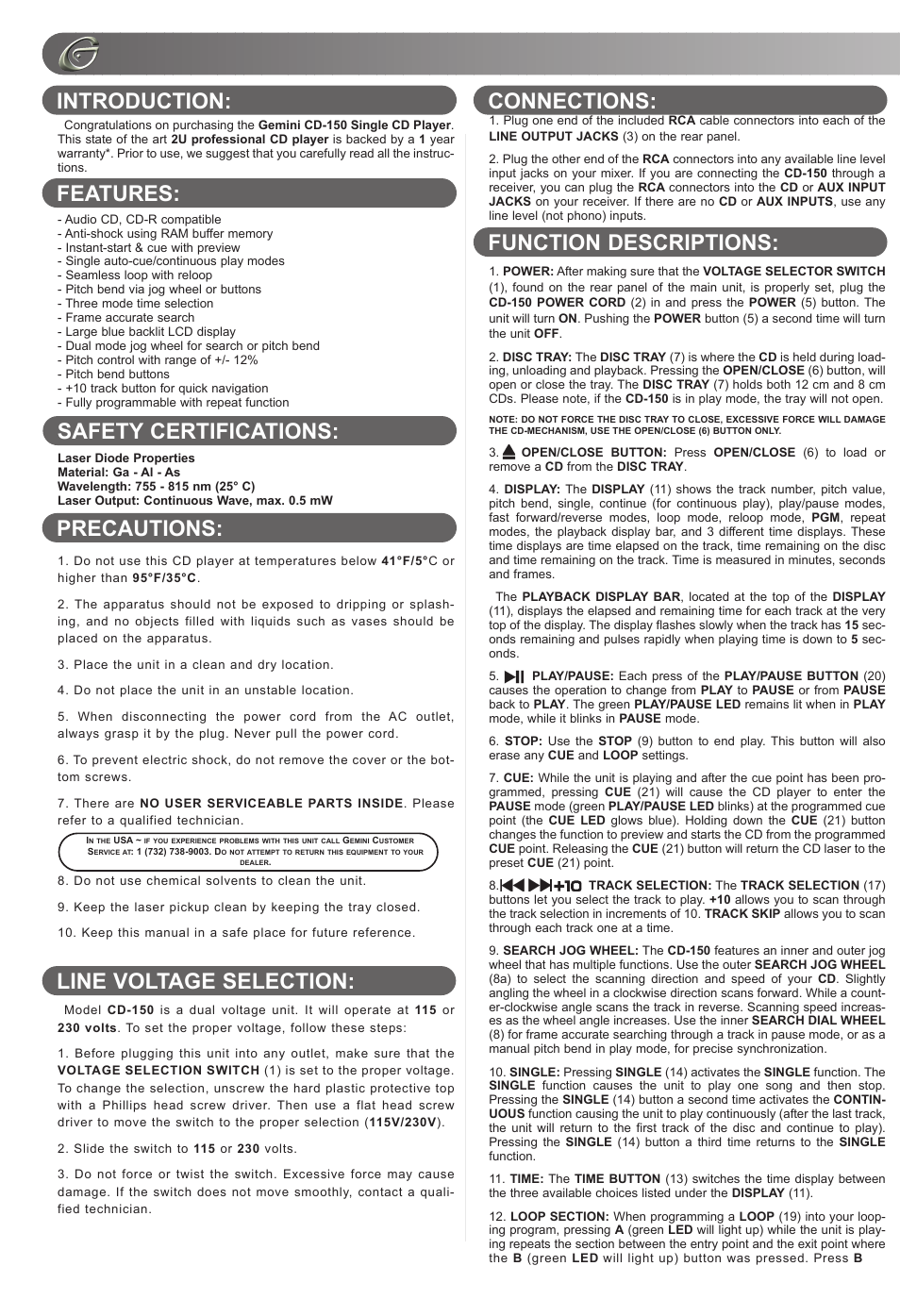 Introduction: features: precautions | Gemini CD-150 User Manual | Page 4 / 12