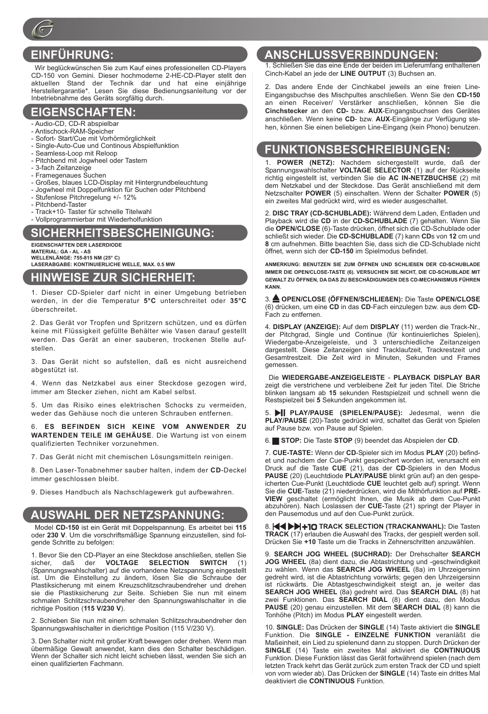 Gemini CD-150 User Manual | Page 6 / 12