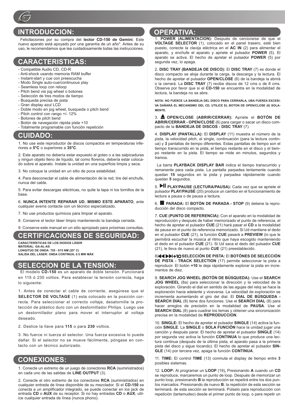 Gemini CD-150 User Manual | Page 8 / 12