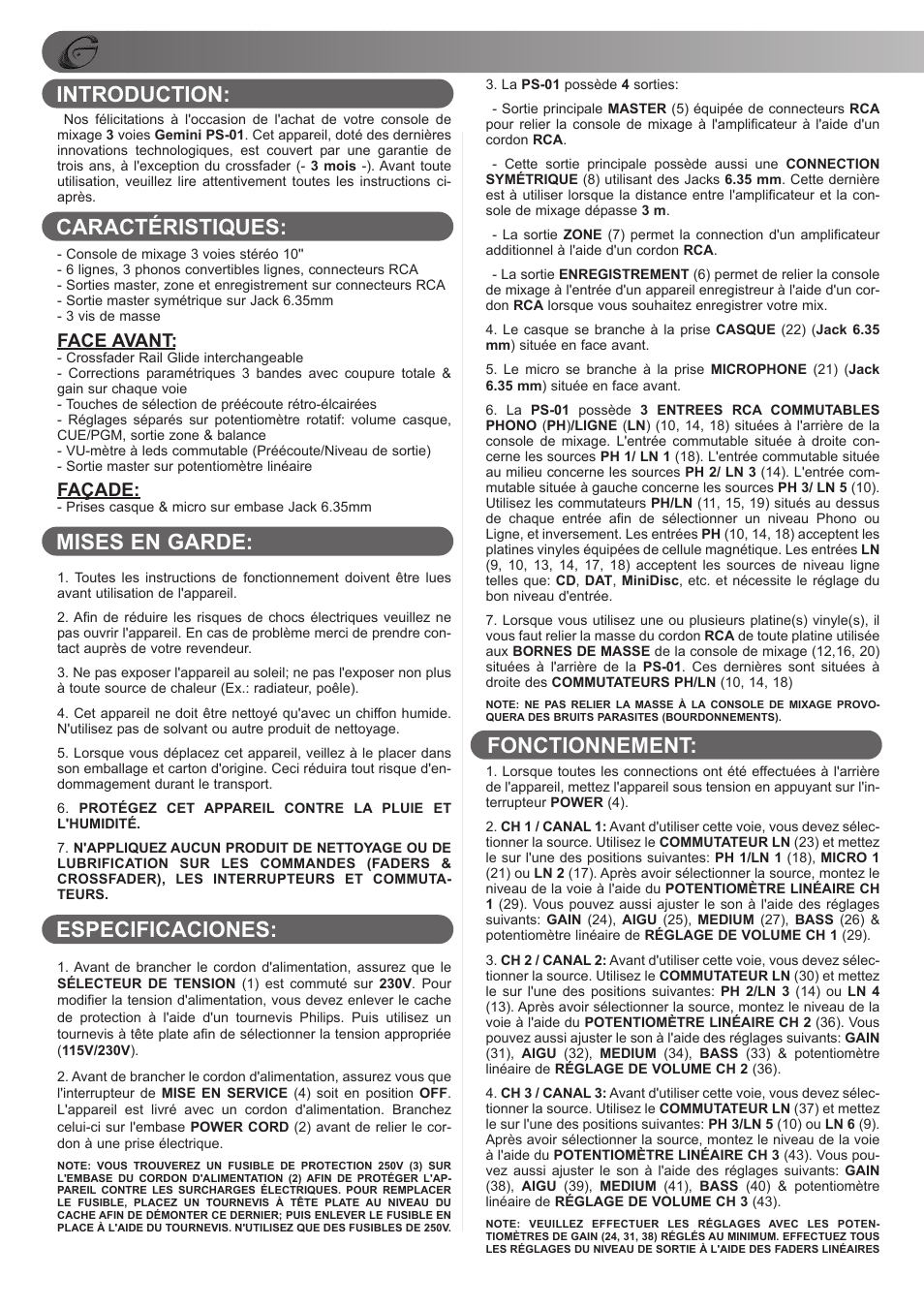 Fonctionnement, Face avant, Façade | Gemini PS-01 User Manual | Page 10 / 12