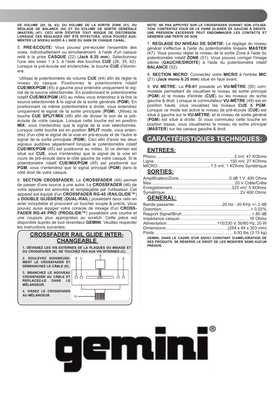 Caractéristiques techniques | Gemini PS-01 User Manual | Page 11 / 12