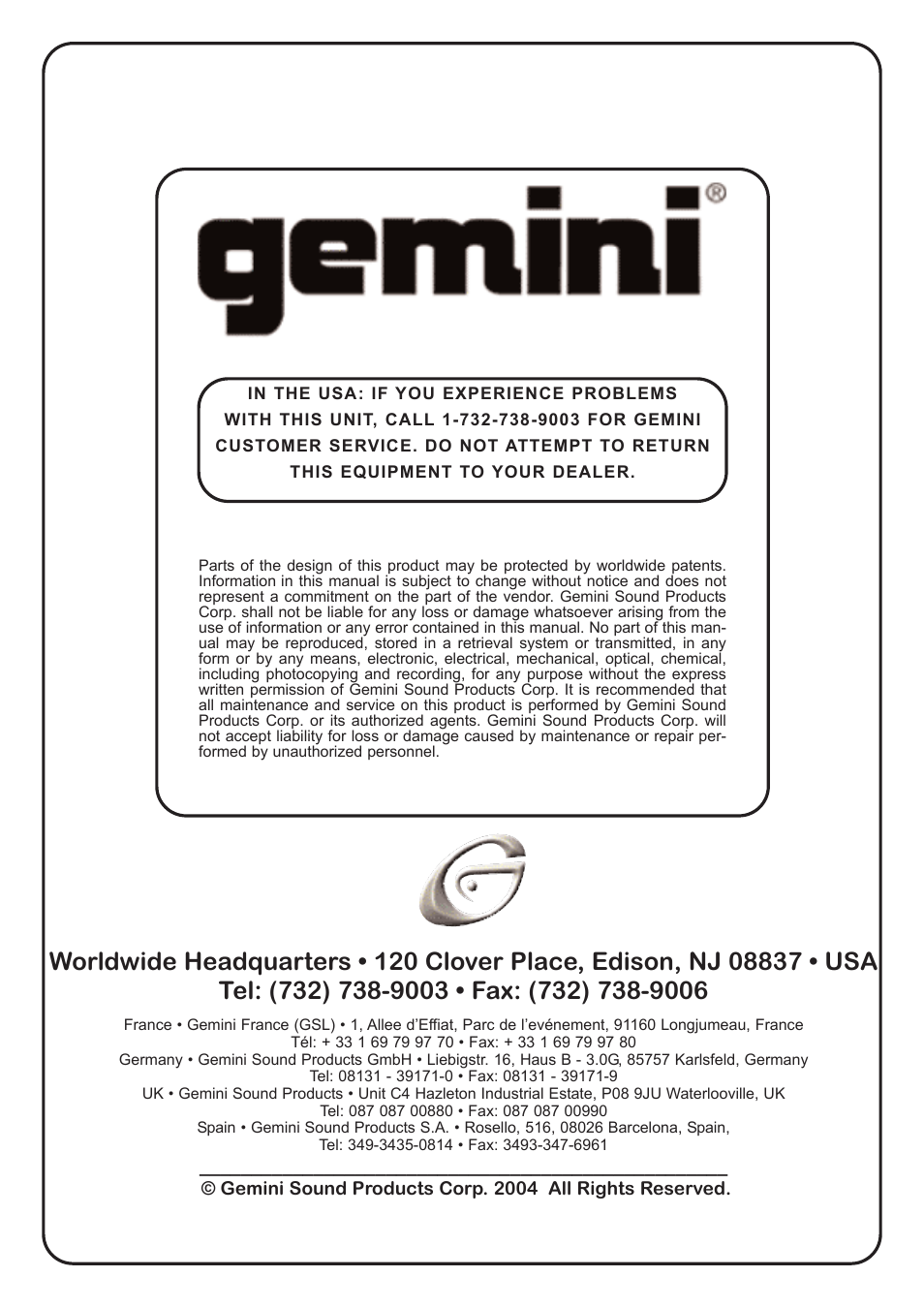 Gemini PS-01 User Manual | Page 12 / 12