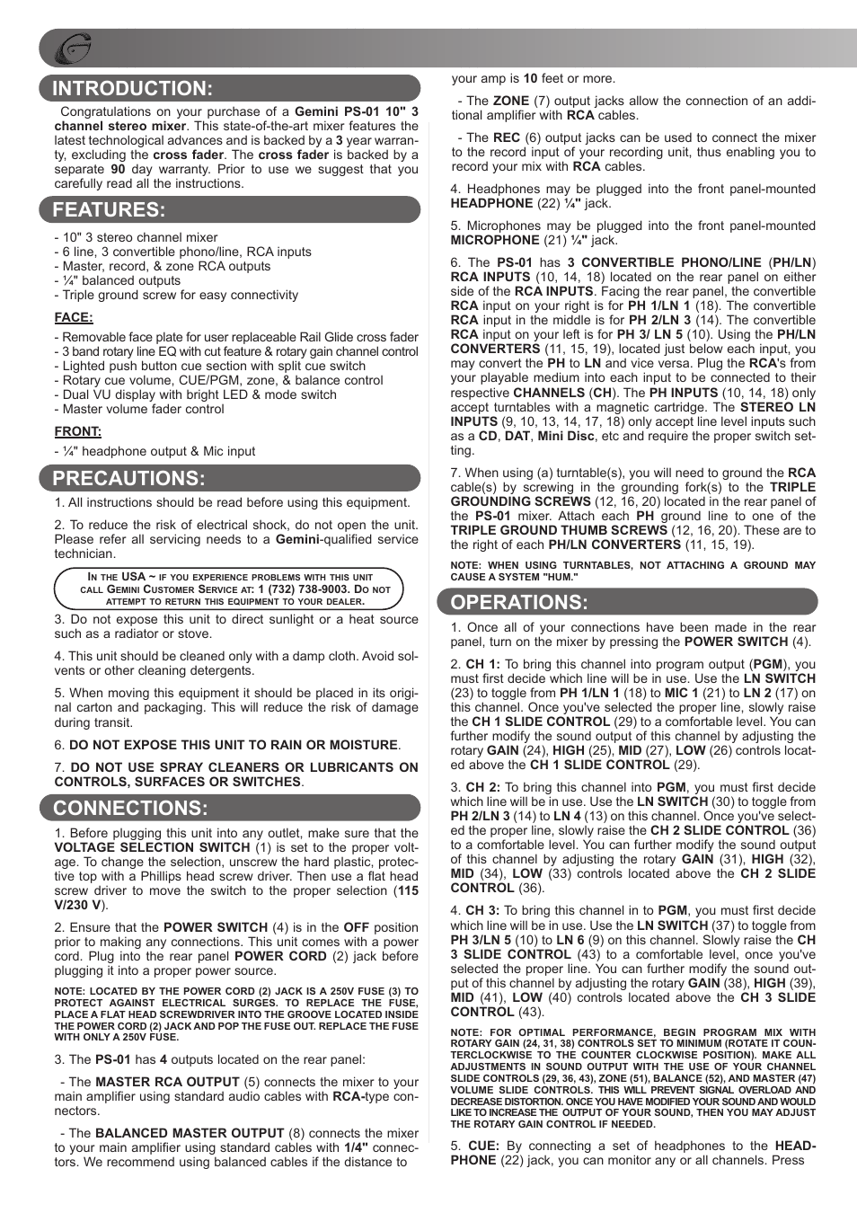 Introduction: features: precautions, Connections: operations | Gemini PS-01 User Manual | Page 4 / 12
