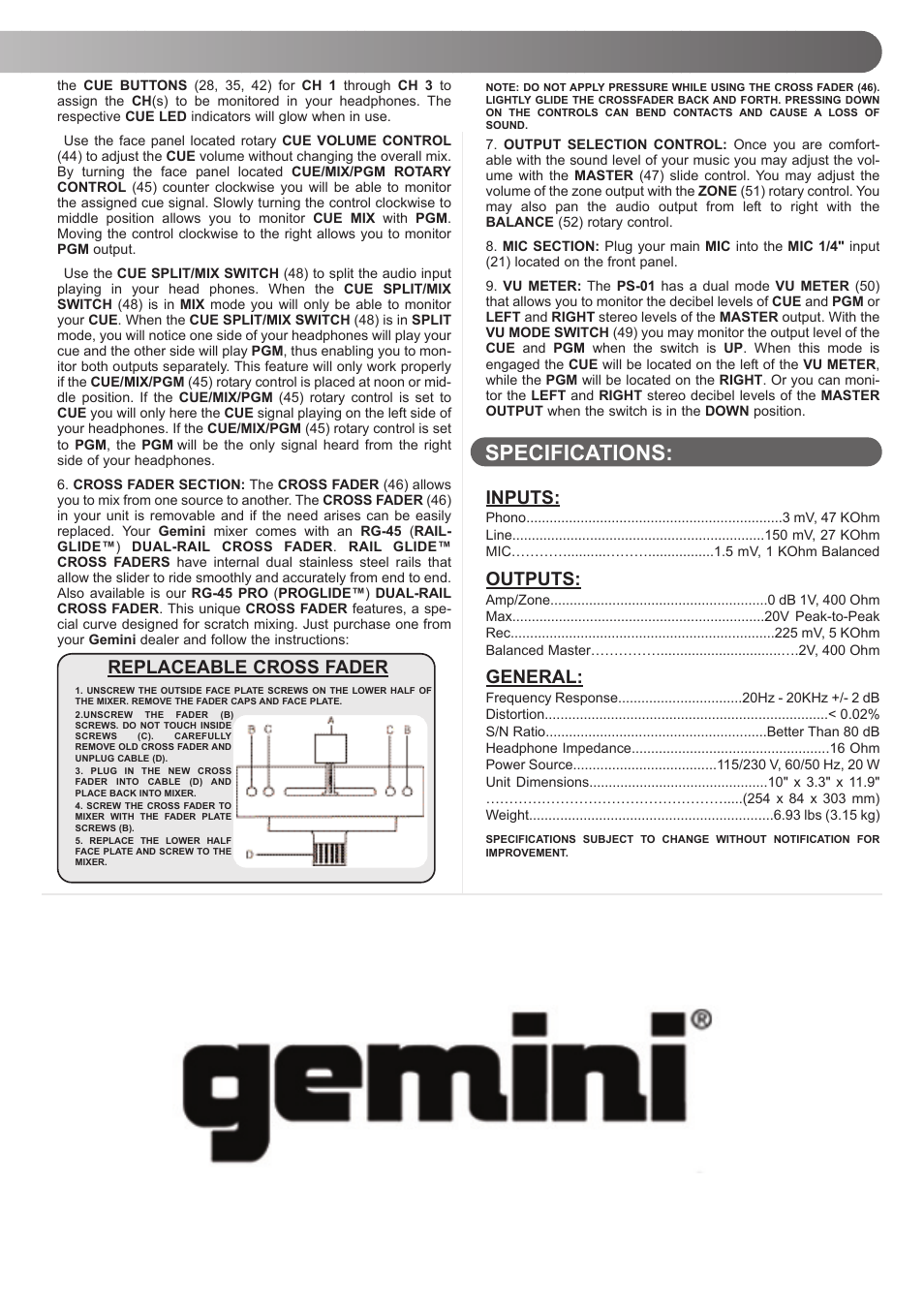 Specifications | Gemini PS-01 User Manual | Page 5 / 12