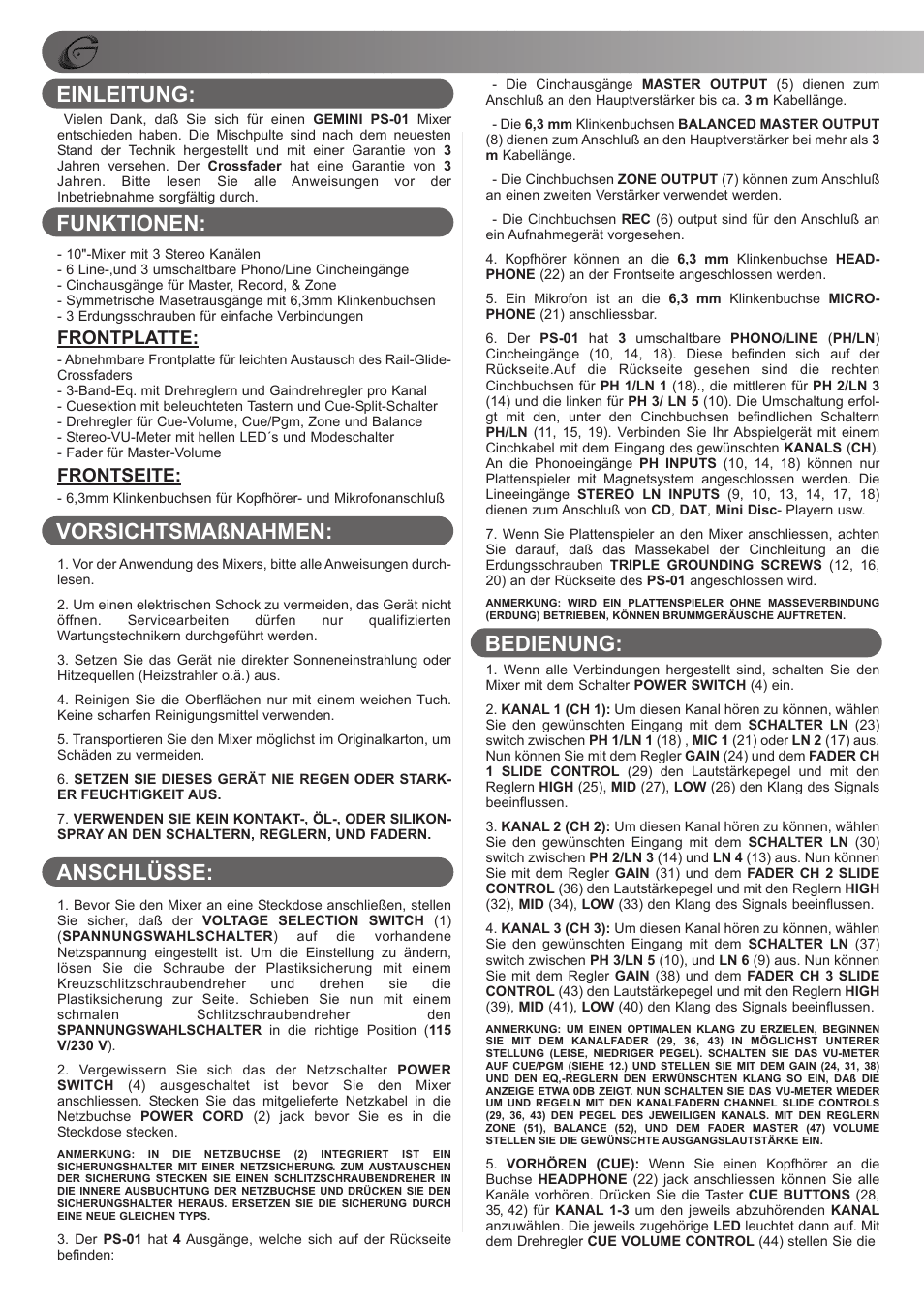 Frontplatte, Frontseite | Gemini PS-01 User Manual | Page 6 / 12